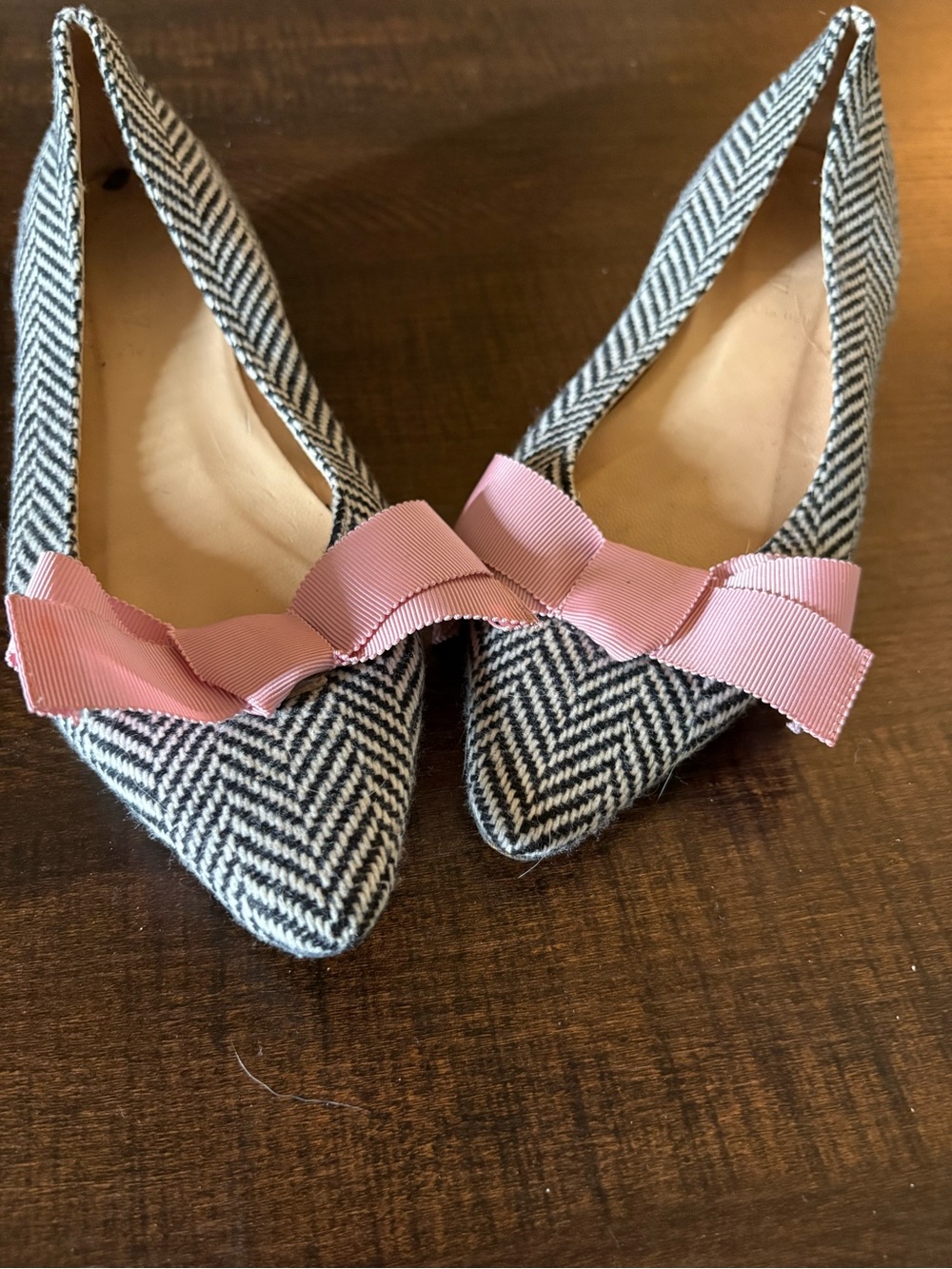 J. Crew Black-and-White Herringbone Pointed Flats with Pink Bow
